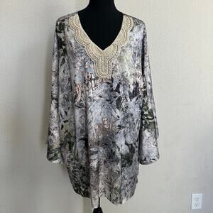 Susan Graver Tunic 2X Plus Artisan Art to Wear Satin Pearl Beaded Flare Sleeve